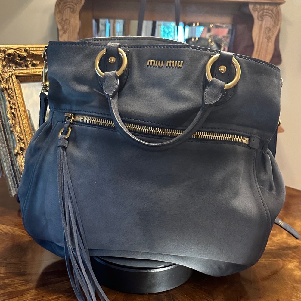 Miu Miu Blue Suede Shoulder Bag with Gold Accents